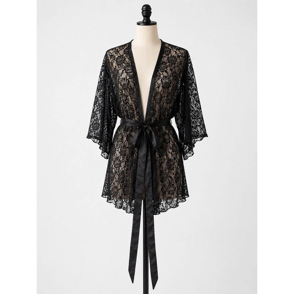 Women's Dreamgirl Black Lace Intimate Kimono Robe With Belt Size 3X/4X